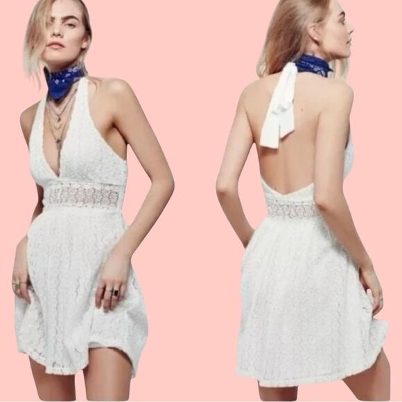 Free People Dresses & Skirts - Free People Women's White So Sweetly Crochet Halter Neck Dress side zip